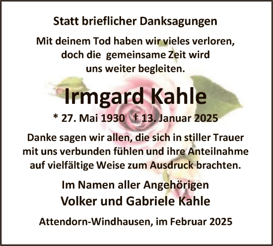 Todesanzeige von Irmgard Kahle von WA