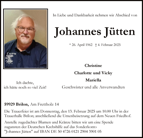 Todesanzeige von Johannes Jütten von WA