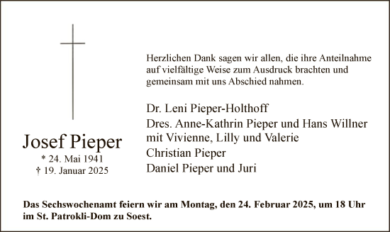 Todesanzeige von Josef Pieper von WA