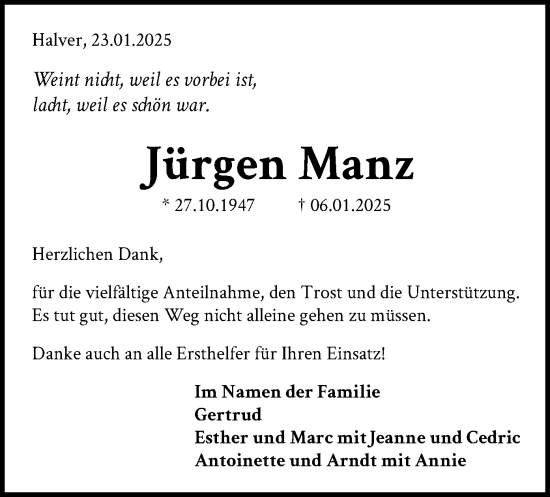 Todesanzeige von Jürgen Manz von WA
