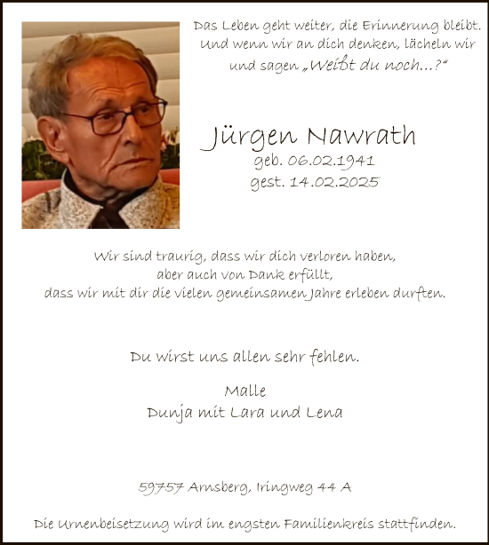 Todesanzeige von Jürgen Nawrath von WA