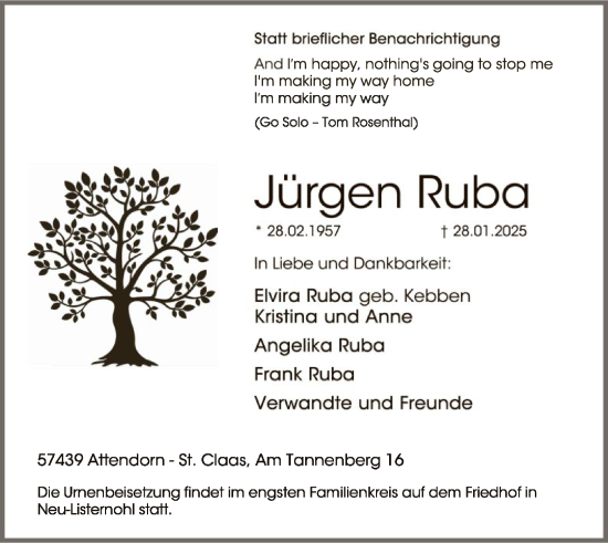 Todesanzeige von Jürgen Ruba von WA