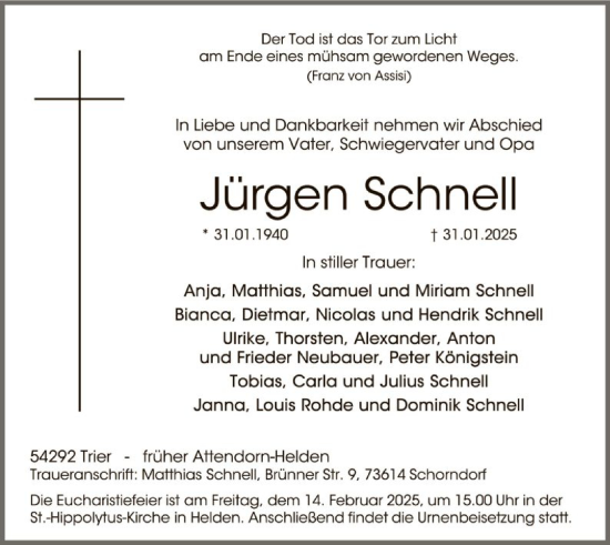 Todesanzeige von Jürgen Schnell von WA