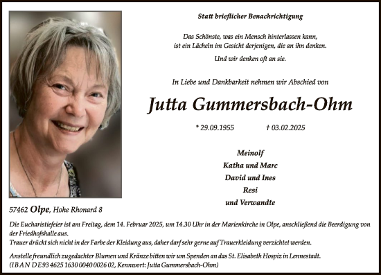 Todesanzeige von Jutta Gummersbach-Ohm von WA