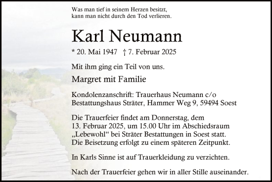 Todesanzeige von Karl Neumann von WA