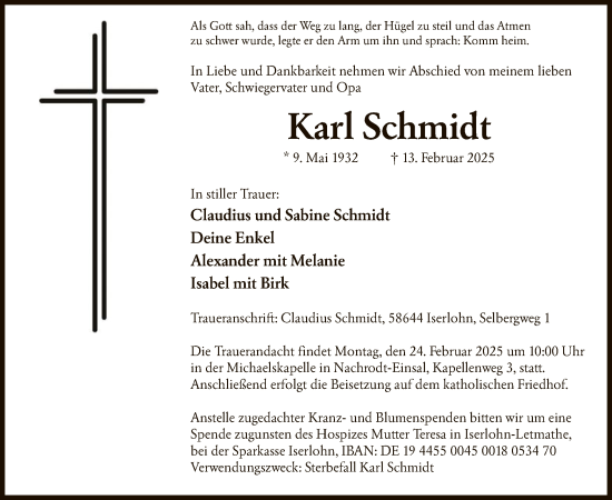 Todesanzeige von Karl Schmidt von WA