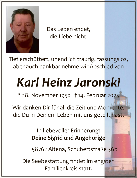 Todesanzeige von Karl Heinz Jaronski von WA