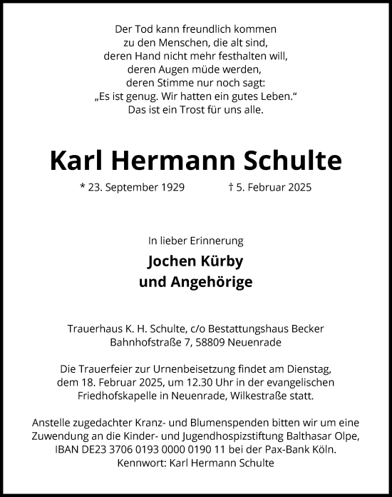 Todesanzeige von Karl Hermann Schulte von WA