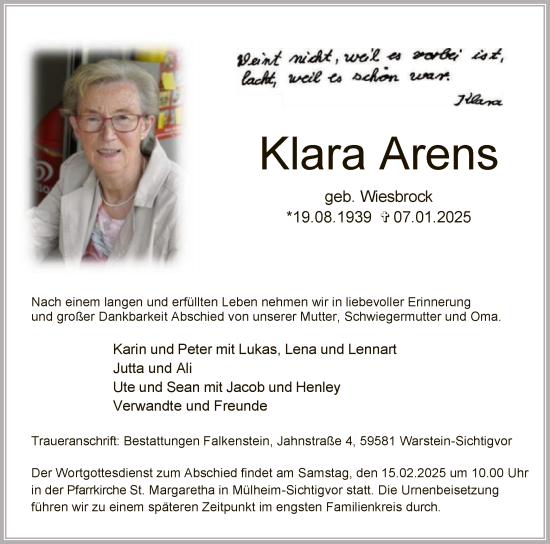 Todesanzeige von Klara Arens von WA
