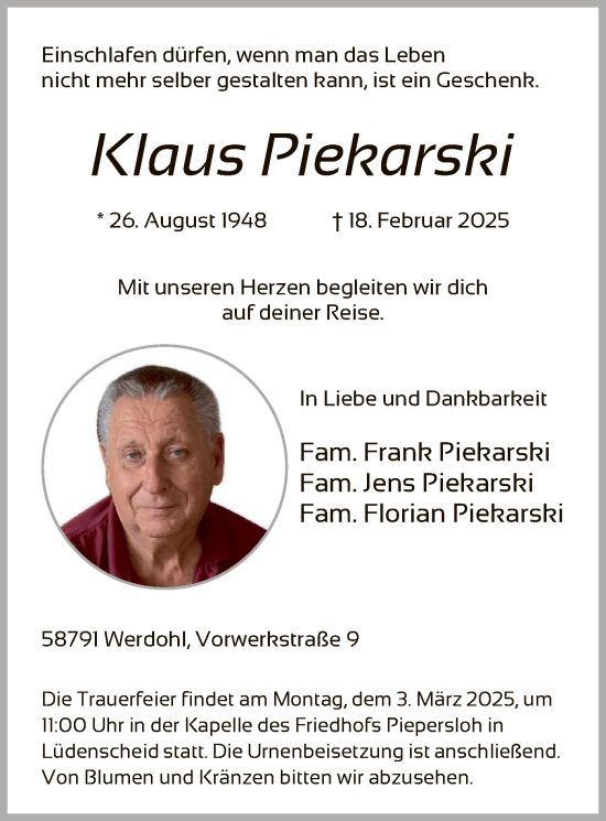 Todesanzeige von Klaus Piekarski von WA