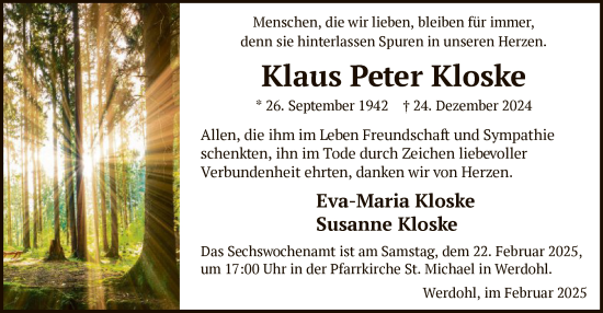 Todesanzeige von Klaus Peter Kloske von WA