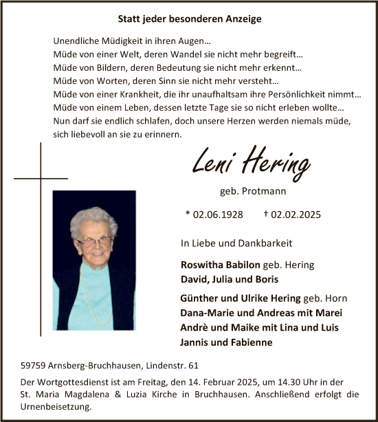 Todesanzeige von Leni Hering von WA