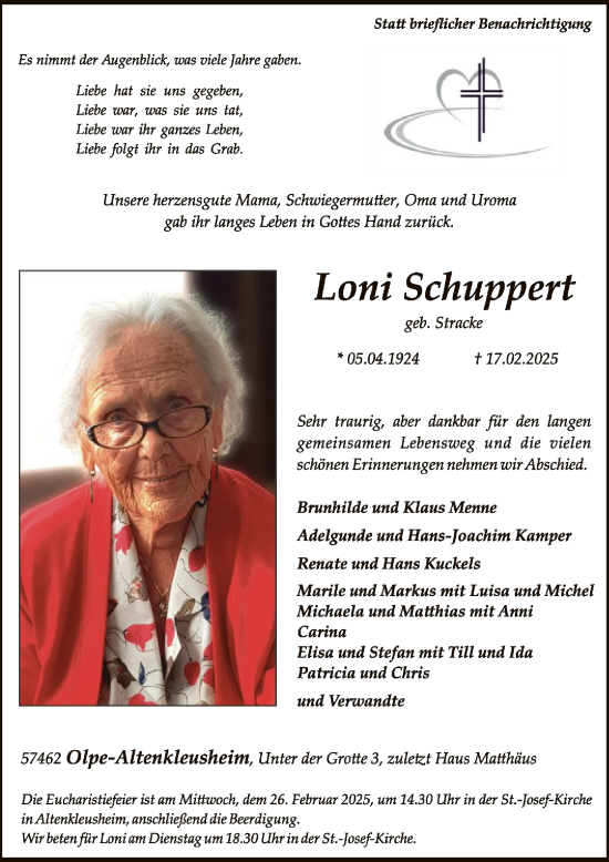 Todesanzeige von Loni Schuppert von WA