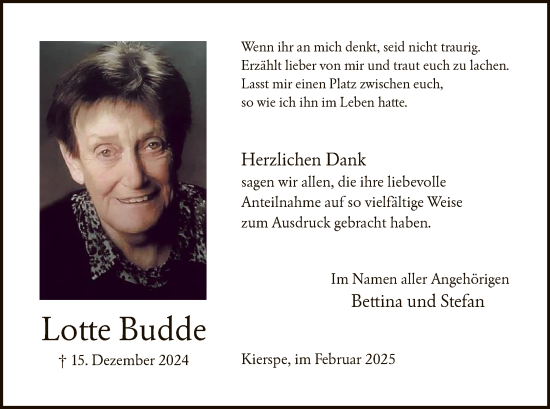 Todesanzeige von Lotte Budde von WA