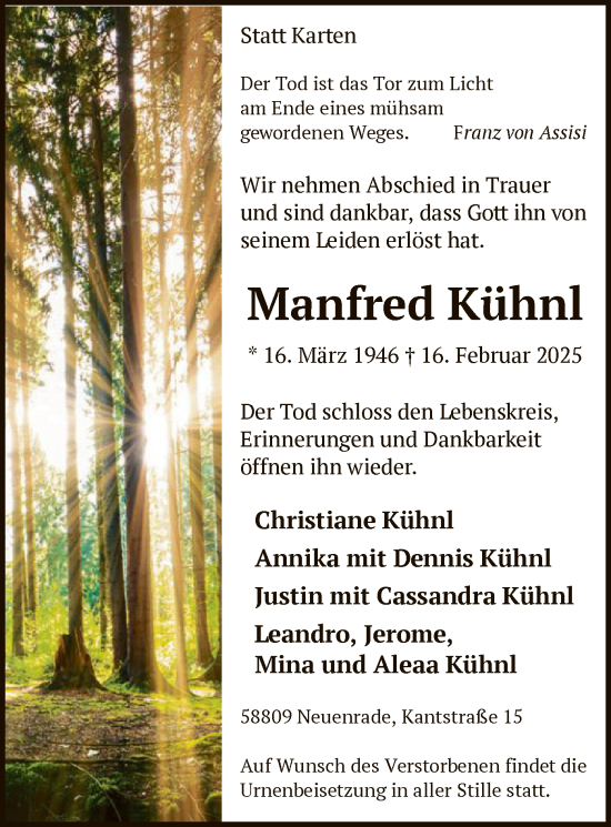 Todesanzeige von Manfred Kühnl von WA