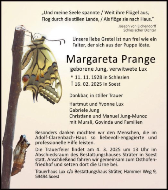 Todesanzeige von Margareta Prange von WA