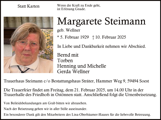 Todesanzeige von Margarete Steimann von WA