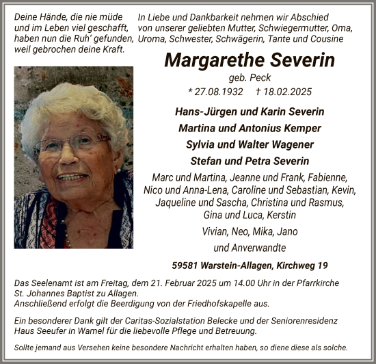 Todesanzeige von Margarethe Severin von WA