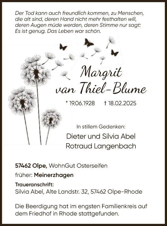 Todesanzeige von Margrit van Thiel-Blume von WA