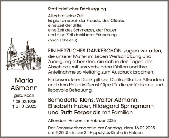 Todesanzeige von Maria Aßmann von WA