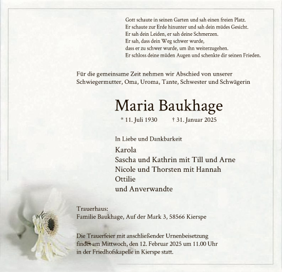 Todesanzeige von Maria Baukhage von WA