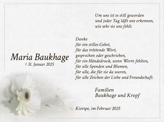 Todesanzeige von Maria Baukhage von WA