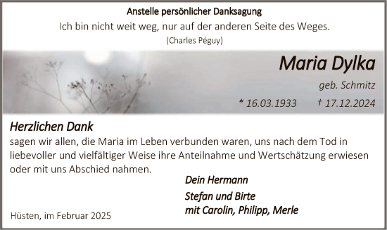Todesanzeige von Maria Dylka von WA