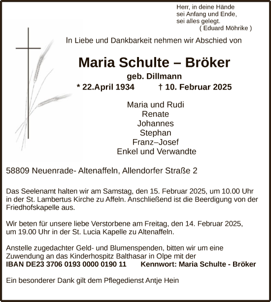 Todesanzeige von Maria Schulte-Bröker von WA