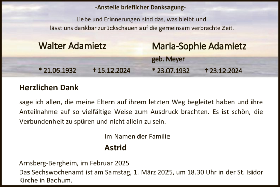 Todesanzeige von Maria-Sophie Adamietz von WA