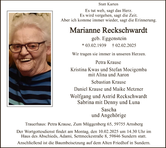 Todesanzeige von Marianne Reckschwardt von WA