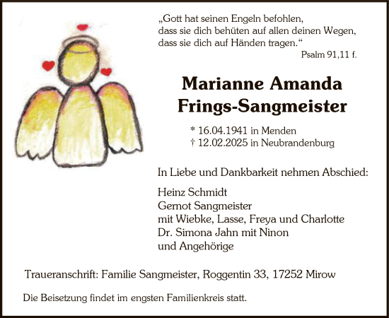 Todesanzeige von Marianne Amanda Frings-Sangmeister von WA