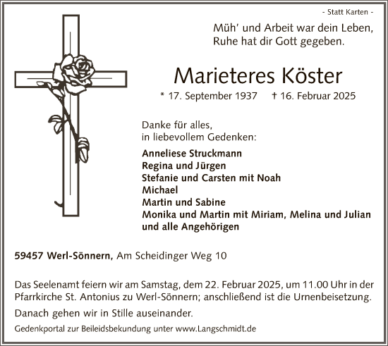 Todesanzeige von Marieteres Köster von WA