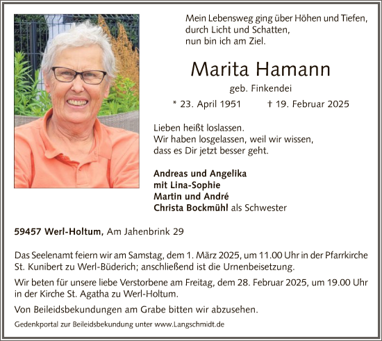 Todesanzeige von Marita Hamann von WA