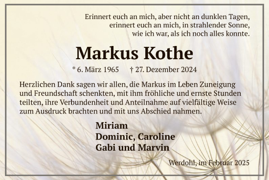 Todesanzeige von Markus Kothe von WA