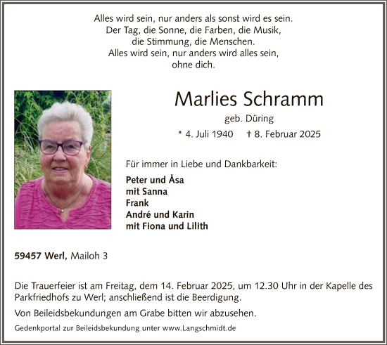 Todesanzeige von Marlies Schramm von WA