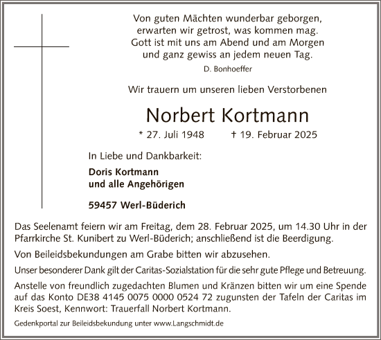 Todesanzeige von Norbert Kortmann von WA
