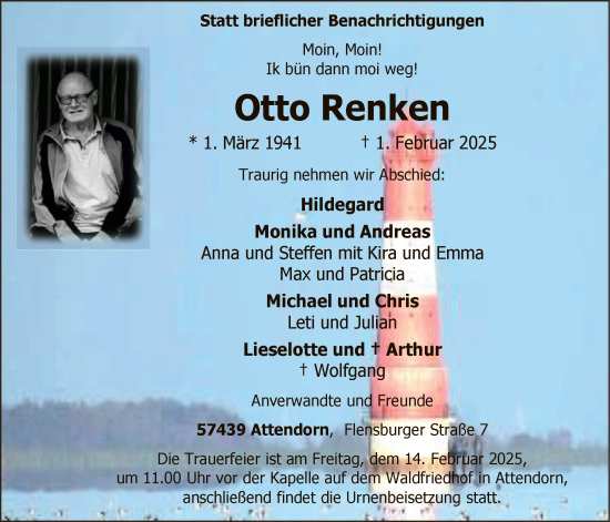 Todesanzeige von Otto Renken von WA