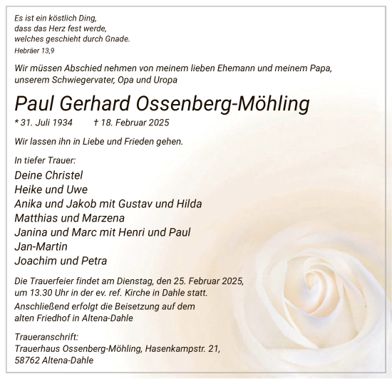 Todesanzeige von Paul Gerhard Ossenberg-Möhling von WA
