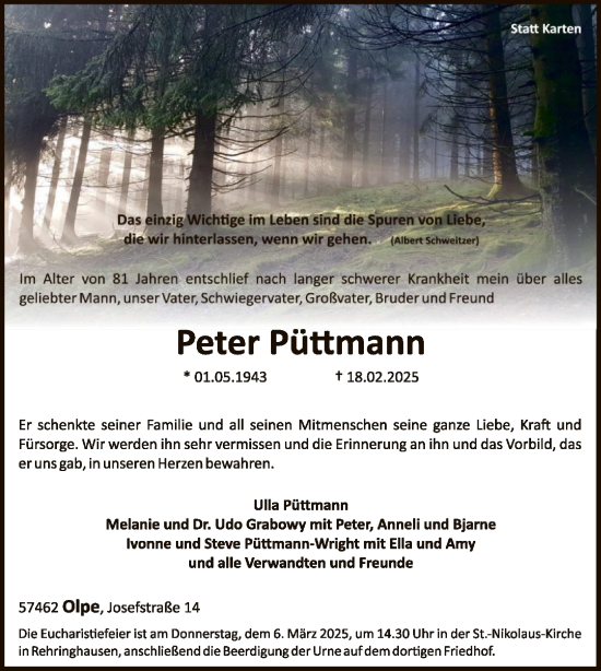 Todesanzeige von Peter Püttmann von WA