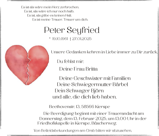 Todesanzeige von Peter Seyfried von WA