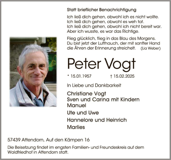 Todesanzeige von Peter Vogt von WA