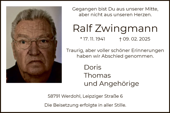 Todesanzeige von Ralf Zwingmann von WA