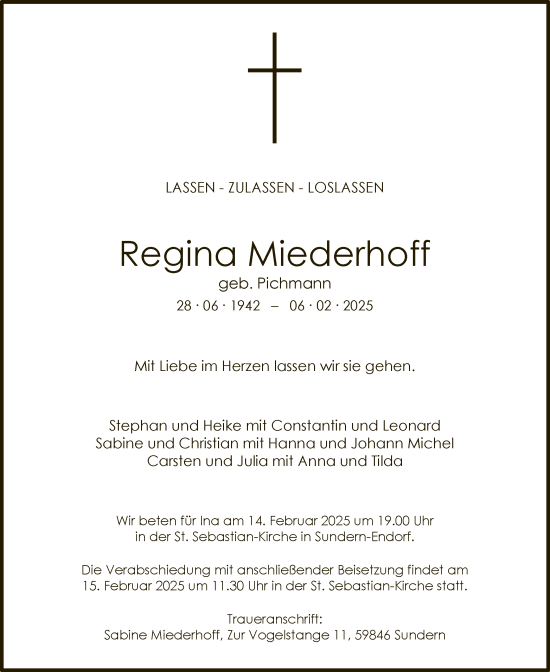 Todesanzeige von Regina Miederhoff von WA