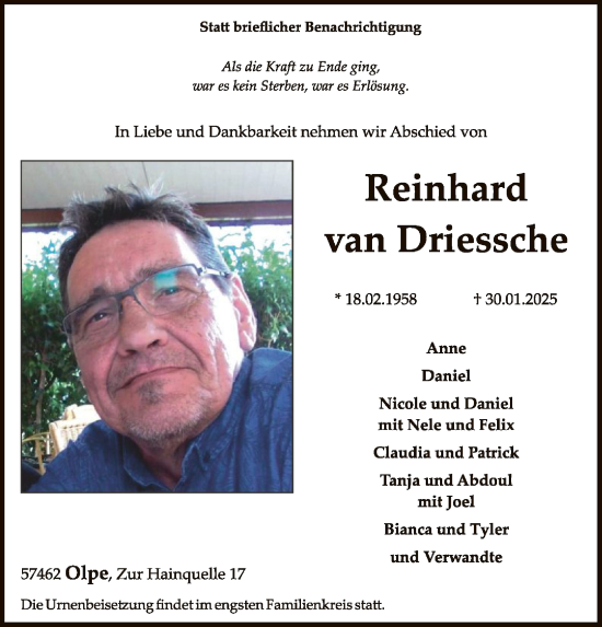 Todesanzeige von Reinhard van Driessche von WA