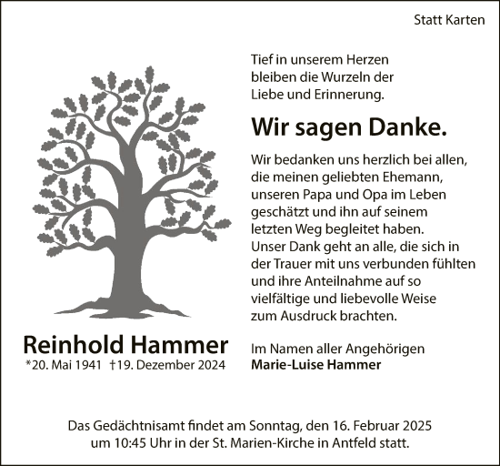 Todesanzeige von Reinhold Hammer von WA
