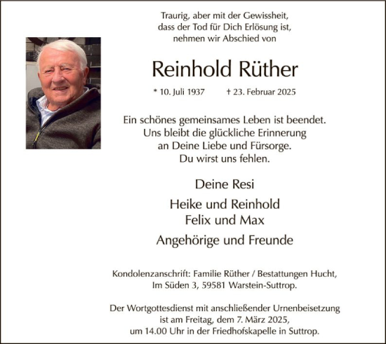 Todesanzeige von Reinhold Rüther von WA