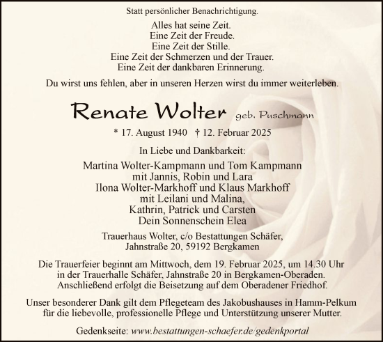 Todesanzeige von Renate Wolter von WA