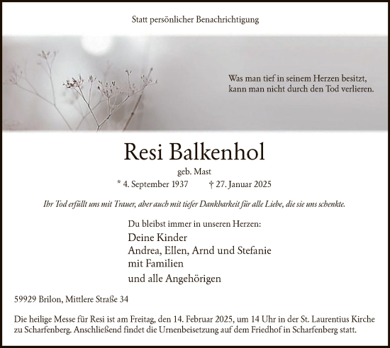 Todesanzeige von Resi Balkenhol von WA