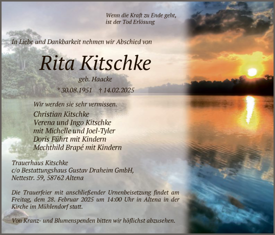 Todesanzeige von Rita Kitschke von WA