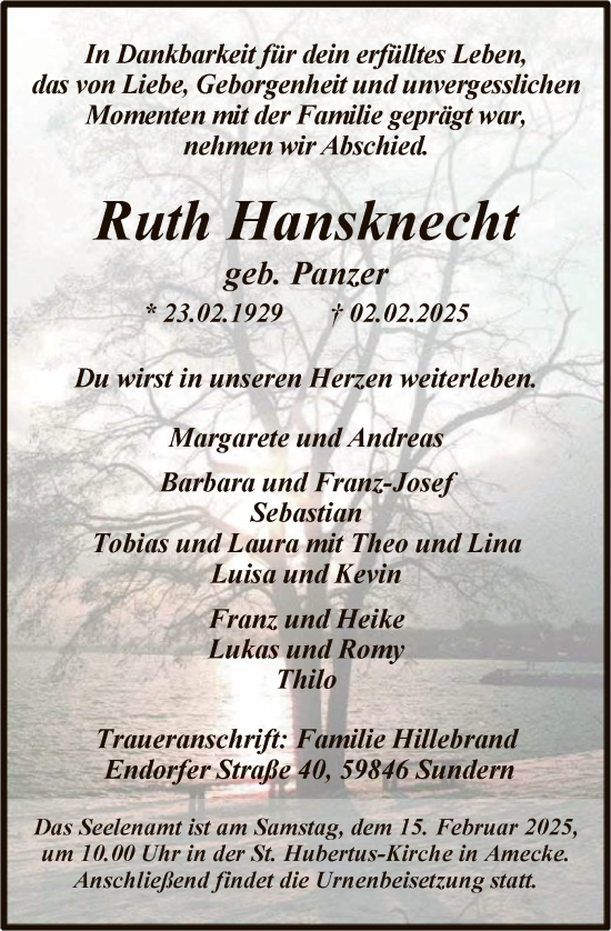 Todesanzeige von Ruth Hansknecht von WA